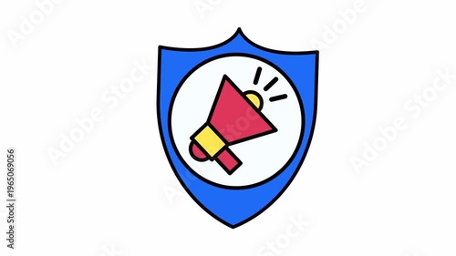 Blue shield with loudspeaker icon and sound waves, ideal for representing communication security, audio enhancement, or technology protection concepts.