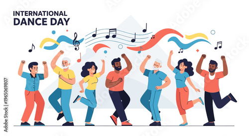 Flat vector illustration of a diverse group of happy people dancing together celebrating International Dance Day with music notes.