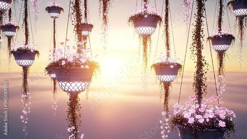 Romantic hanging planters with glowing lattice and pink heart flowers in a dreamlike sky