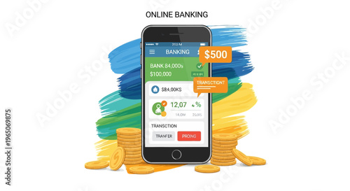 Online Banking App on Smartphone with Coins and Abstract Brush Strokes
