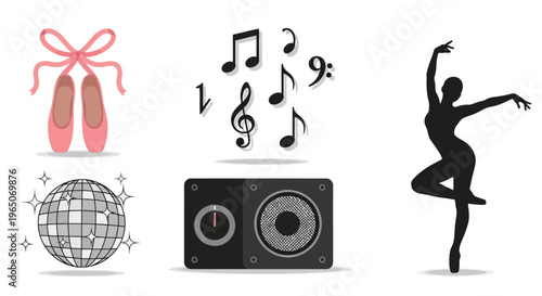 International Dance Day Flat Icon Set Ballet Shoes Music Notes Speaker Disco Ball Dancer Silhouette Modern Minimal Vector