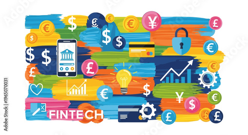 Fintech illustration: digital banking, online payments, security, global currency symbols