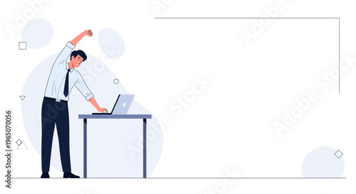 Businessman stretching at desk with laptop, office wellness concept
