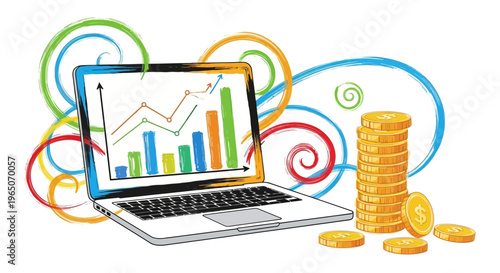 Laptop displaying financial graph with coins and colorful swirls, business growth concept