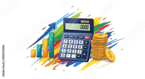 Financial Growth Calculator: Coins, Bar Chart, Upward Arrow, and Calculator