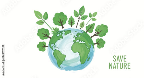 Green planet earth with trees and leaves, save nature concept