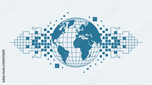 A digital illustration of a globe surrounded by a network of squares and lines on a white background