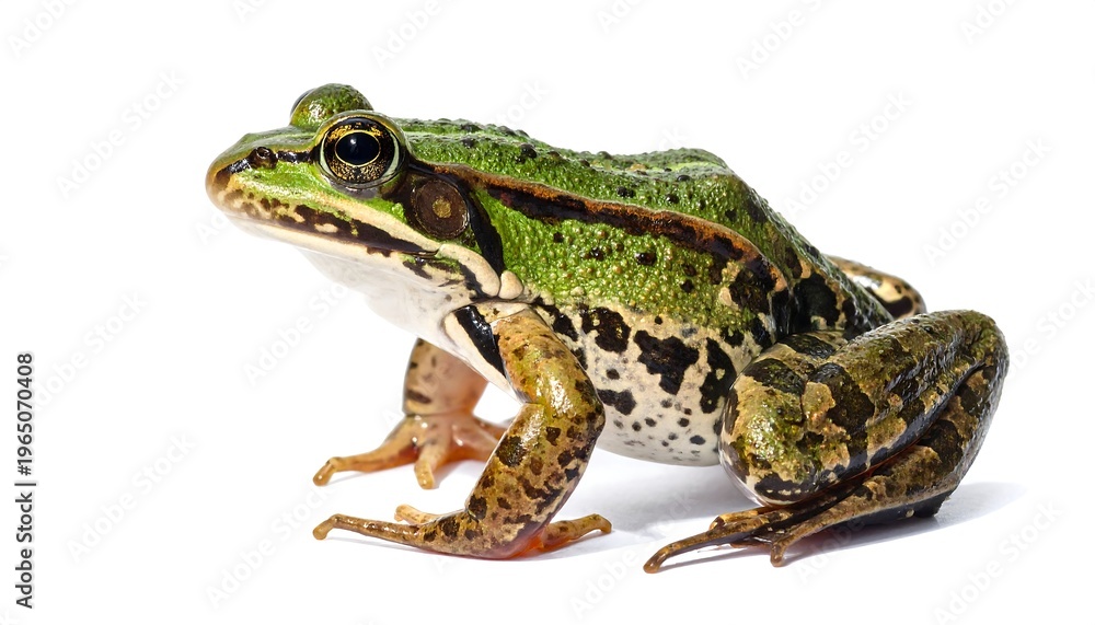 Fototapeta premium A green frog with black spots sits on a plain white surface