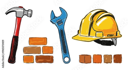 Construction Tools and Materials: Hammer, Wrench, Hard Hat, Bricks