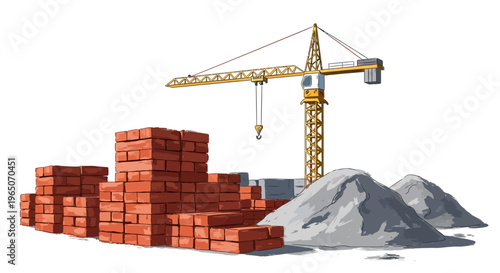 Construction Site with Bricks, Crane, and Sand Piles