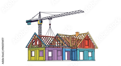 House construction with crane, colorful building frame, architectural project