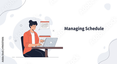 Woman managing schedule on laptop with calendars, business planning concept