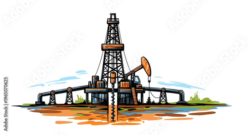 Oil Drilling Rig with Pumpjack and Pipelines on White Background