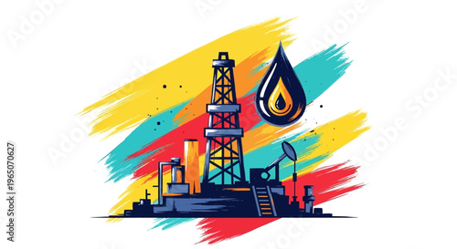 Oil Rig and Drop with Colorful Brush Strokes Background