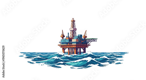Pixel Art Oil Rig Platform Floating on Wavy Ocean Surface