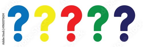 Five colorful question mark symbols lined up in a row, isolated on white background.