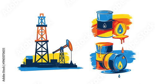 Oil drilling rig and barrels, industrial energy production concept, flat vector illustration