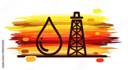 Oil Drop and Drilling Rig Icon on Abstract Brush Stroke Background