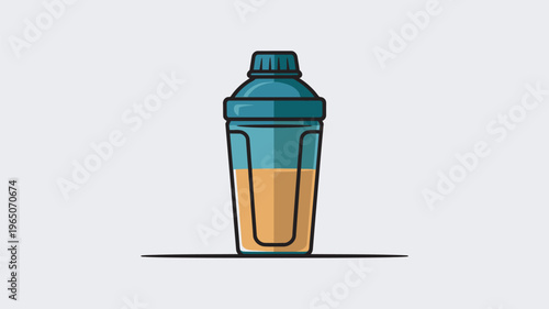 A cartoon-style illustration of a protein shaker bottle with a green top and orange liquid