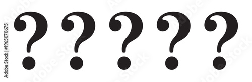 Five stylized black question mark symbols lined up, isolated on white background.