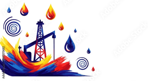 Oil Derrick with Colorful Paint Splashes and Dripping Oil Drops