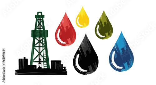 Oil Rig and Colorful Droplets Representing Different Liquids or Resources