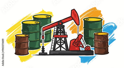 Oil Pump Jack and Barrels - Industrial Energy Production and Storage Concept