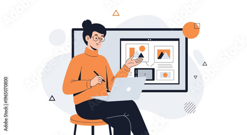 Designer working on laptop with digital interface on screen, creative process