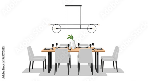 Modern Dining Room Setup with Table, Chairs, and Chandelier