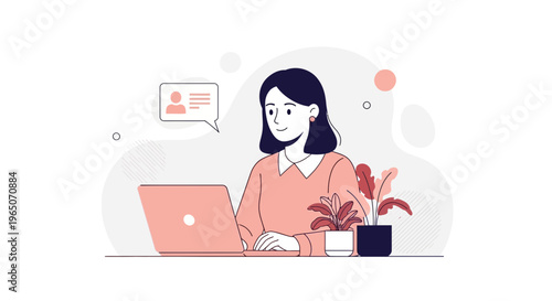 Woman Working on Laptop with Chat Bubble and Plants, Remote Work Concept