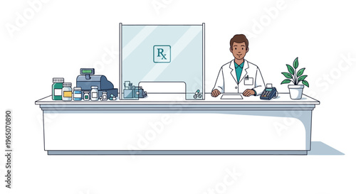 Pharmacist Behind Counter with Medications and Cash Register