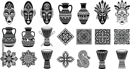 African tribal mask vector set with ornamental vases ethnic drums and geometric pattern tiles for cultural heritage traditional art and world travel branding projects.