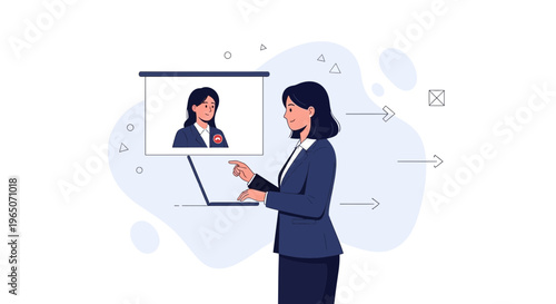 Businesswoman presenting online meeting on laptop, pointing at screen with colleague avatar