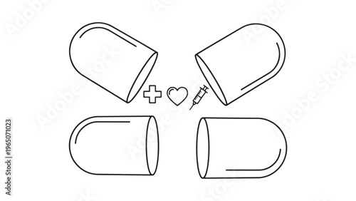 Medicine Capsule and Pill Line Art Vector Illustration for Pharmacy Prescription Healthcare and Medical Treatment Concepts