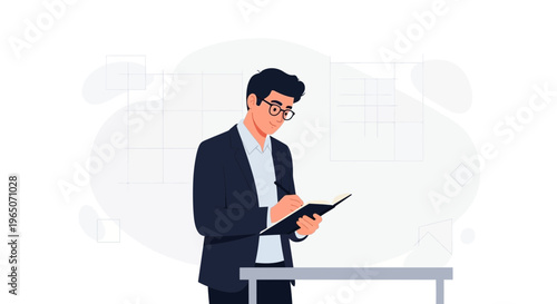 Businessman writing in a notebook at a desk, modern flat illustration