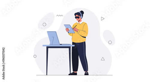 Woman wearing VR headset, working on tablet and laptop at desk, futuristic technology concept