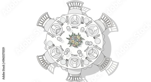 Elegant Round Table Setting for a Formal Dinner or Wedding Celebration, Top View