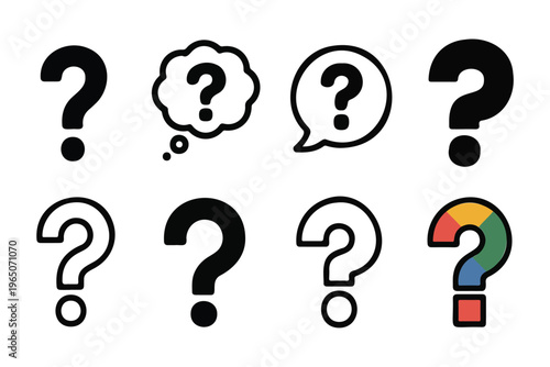 Various question mark symbols including colorful segmented icon and outline bubble silhouettes.
