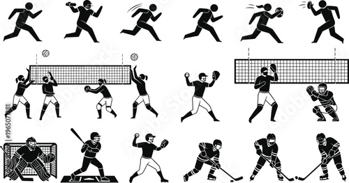 Black vector stick figures and athlete icons set featuring volleyball baseball ice hockey and running poses for sports tournament team training and fitness competition branding.