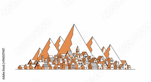 Cityscape with buildings and mountains.