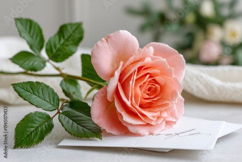 Peach rose laying on a white greeting card