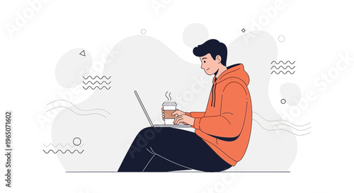 Young Man Working on Laptop with Coffee, Casual Orange Hoodie, Modern Flat Illustration
