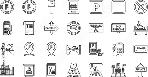Comprehensive car parking icon set featuring silhouettes for reserved spaces no parking zones car wash services payment terminals and private garage facility symbols for navigation.