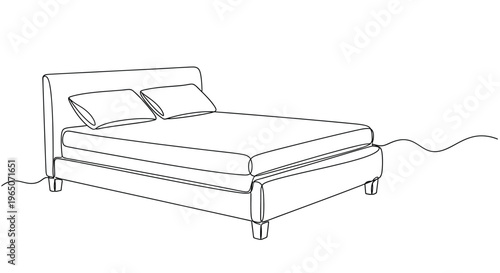 Modern Bed with Pillows, Minimalist Line Art