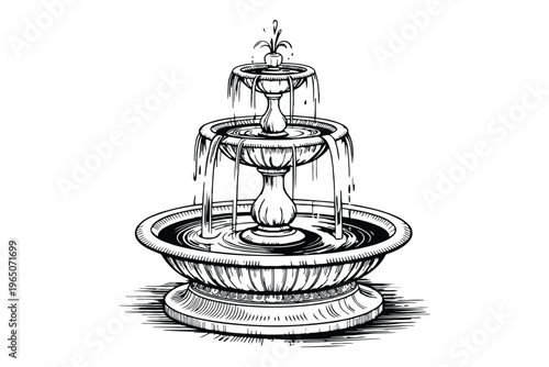 Black and white of a three-tiered garden fountain with water flowing