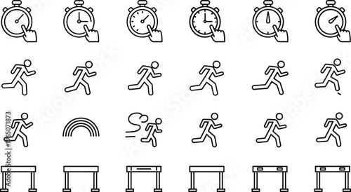 Comprehensive minimalist sports icon set featuring running silhouettes stopwatches measuring time hurdles and athletic track elements for marathon training and fitness competition.
