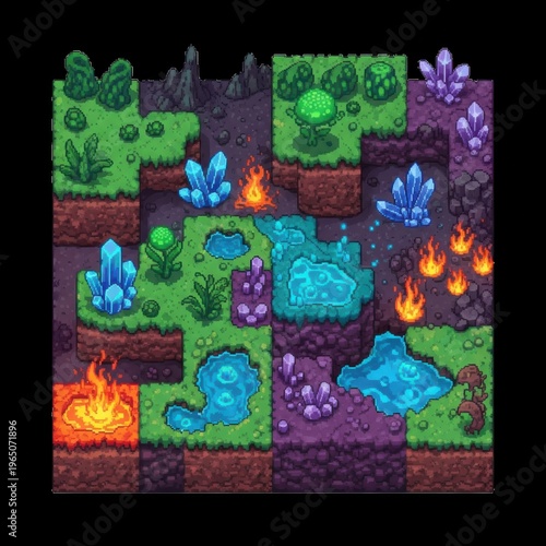 Pixel Art Landscape Tileset with Crystals, Fire, Water, and Plants