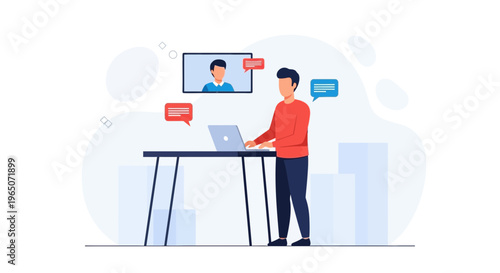 Man in video call, working on laptop, communication concept, flat design