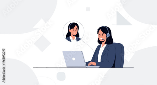 Customer service agent with headset on computer, talking to client via video call