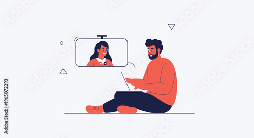 Man on Laptop Video Calls Woman, Remote Communication, Online Meeting